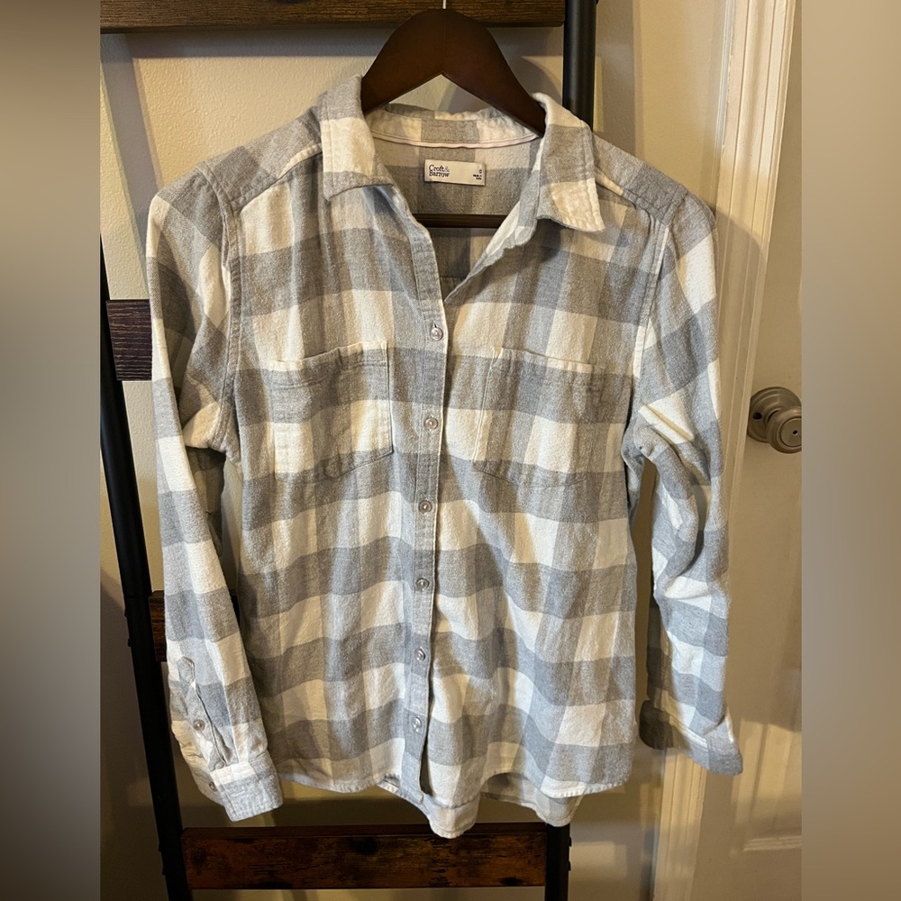 Gray and White Plaid Button-Up Shirt